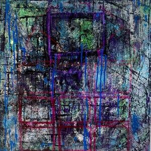 Contemporary Abstract Grid Painting in Black, Blue, Purple & Green